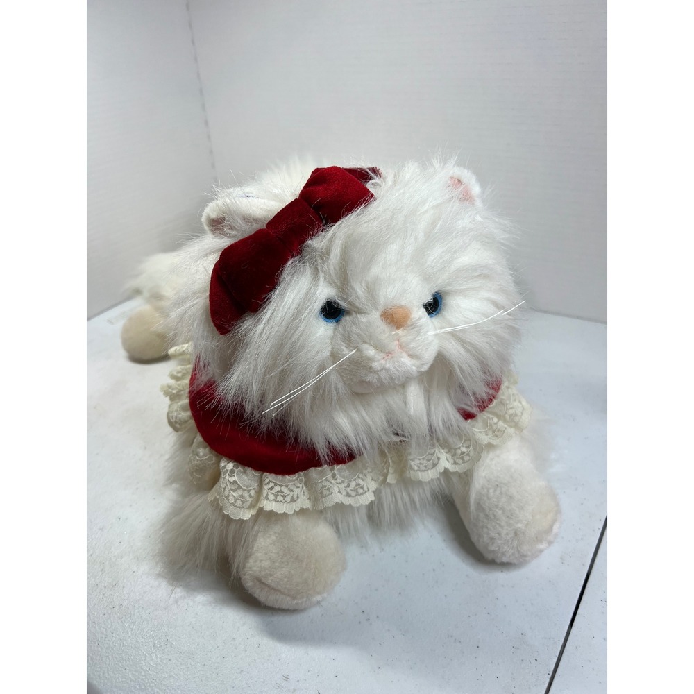 Vtg Commonwealth Snowpuff White Cat Plush Red Velvet Collar Lace Bow 1990s Toy